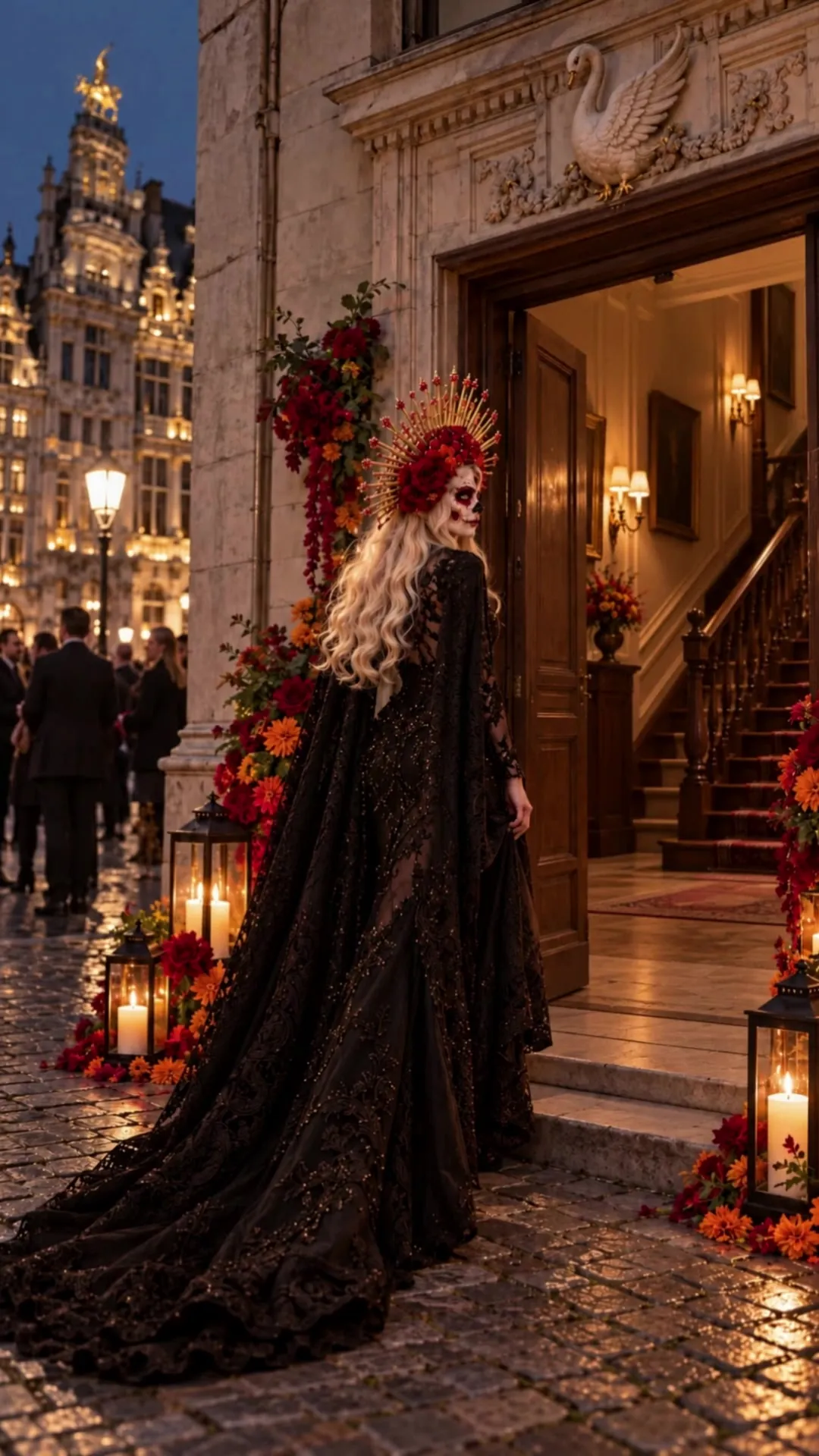 La Catrina arriving at the candlelit doorway of Maison du Cygne